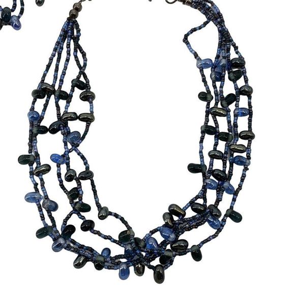 Beaded Necklace Earring Set Faux Lapis Nugget Blue Multi-strand Fashion Lot 0351 - Picture 7 of 13